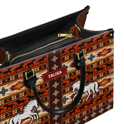 Personalized Leather Handbag for Women - Design Patterns Boho Rustic Orange Spirit Horse