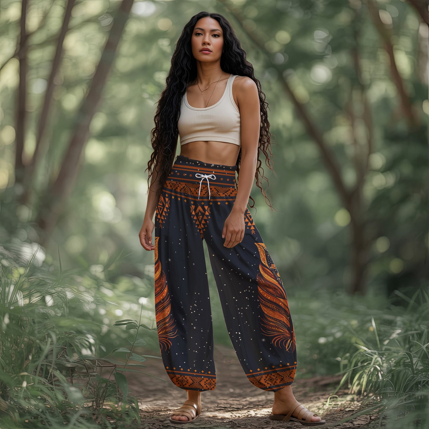 Feather Print Harem Pants - Yoga Boho Clothes with Pockets