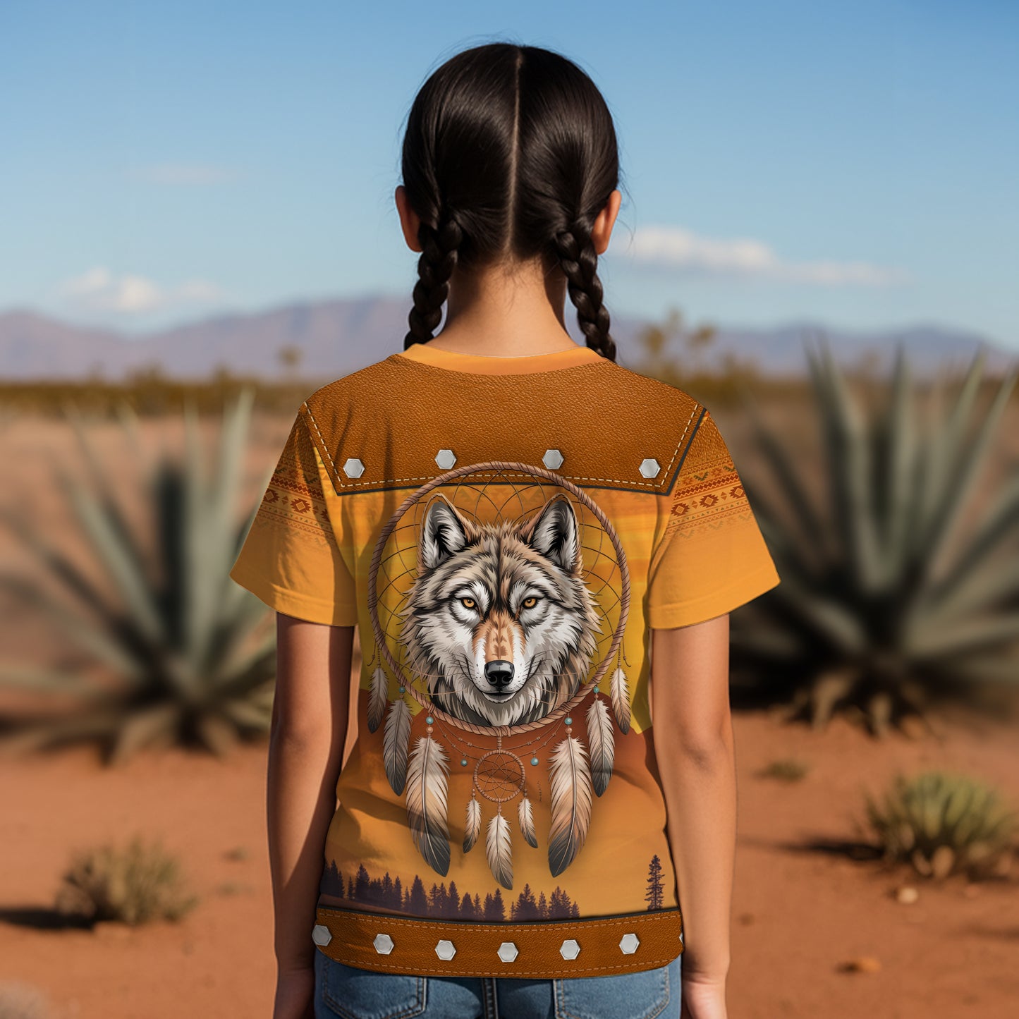 3D T-Shirt " Tribal Dreamcatcher – Golden Horizon with Sacred Mountain Motif"