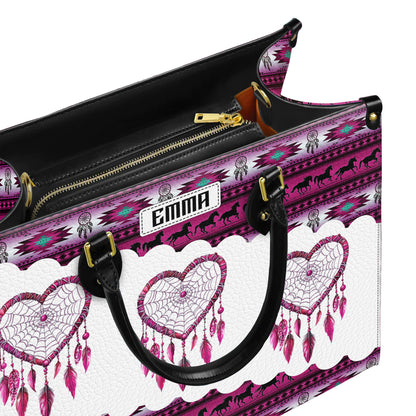 Personalized Leather Handbag for Women - Design Patterns Boho Pink & White Dreamcatcher