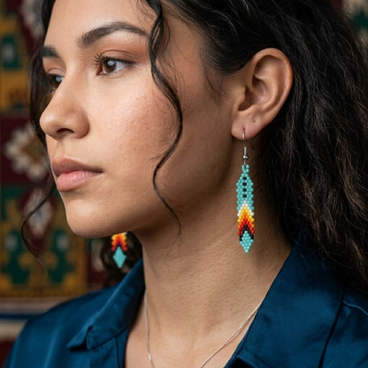 Handmade Beaded Feather, Colorful Seed Bead Dangle Earrings