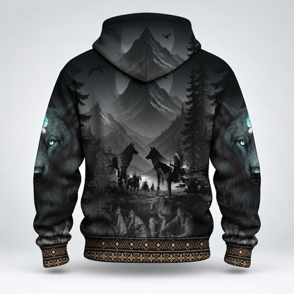 3D Fleece Jacket  Tribal Wolf Guardian Hoodie – 3D Native Spirit Artwork, Blue Eyes Wolf Totem