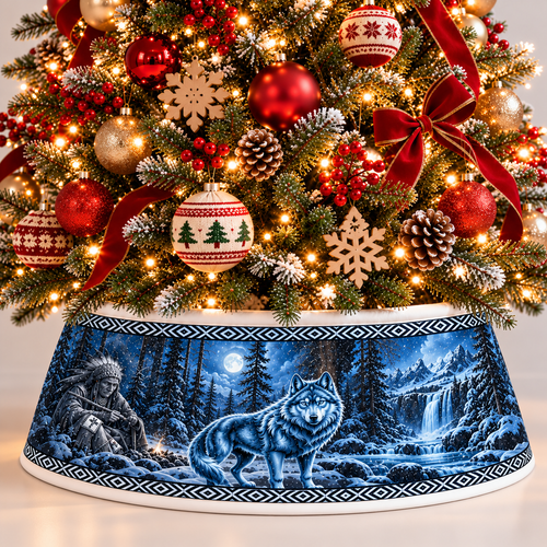 Quilted Christmas Tree Collar - Native American Wolf Spirit Moonlit Winter Forest Snowy Mountain Tribal Wildlife Southwestern Christmas Decor