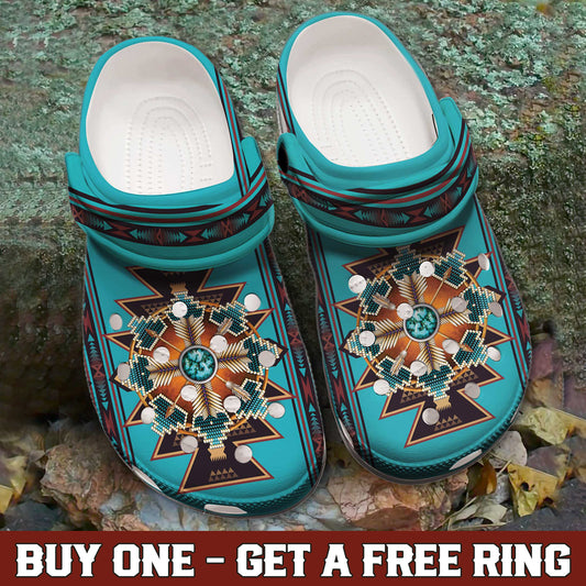 Tribal Blue Clogs – Sacred Geometry & Turquoise Design, Gift for Family