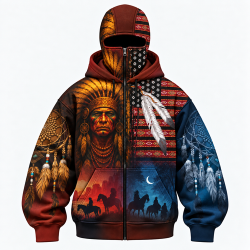 3D Balaclava Zip Hoodie The Chief Spirit Hoodie in Red & Blue, Symbol of Freedom and Pride
