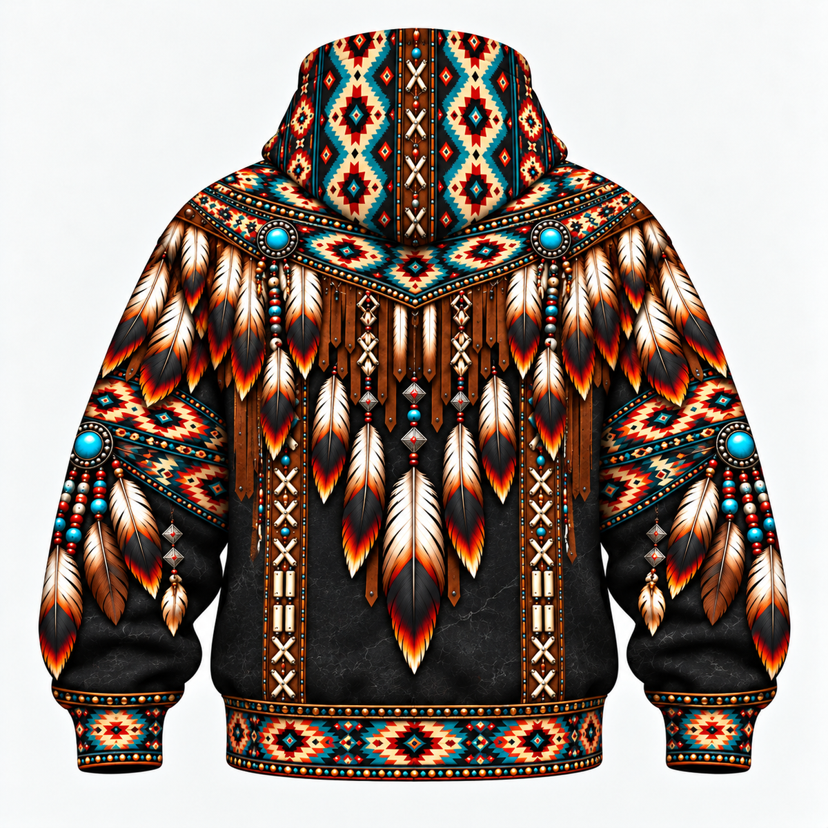 3D Balaclava Zip Hoodie Native American Dreamcatcher Feather Turquoise Leather Tribal Heritage Southwestern Geometric Pattern