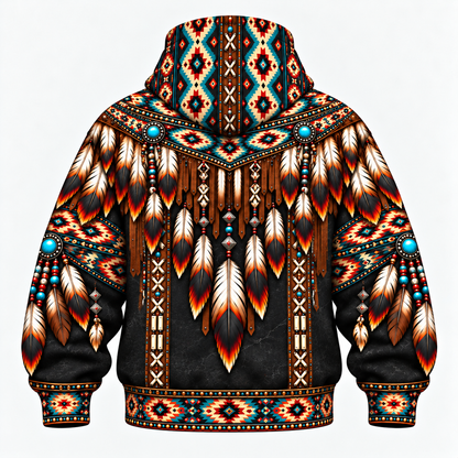 3D Balaclava Zip Hoodie Native American Dreamcatcher Feather Turquoise Leather Tribal Heritage Southwestern Geometric Pattern