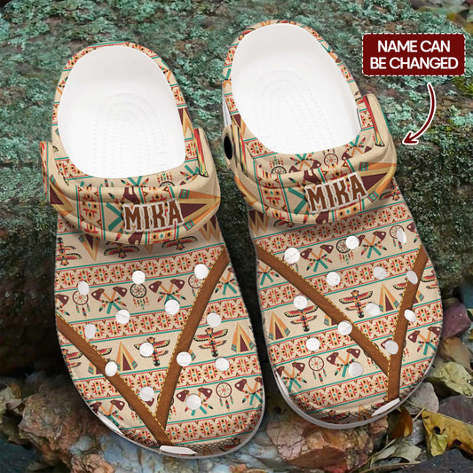 Custom Name Beige Tribal Clogs – Subtle Native-Inspired Gift for the Whole Family