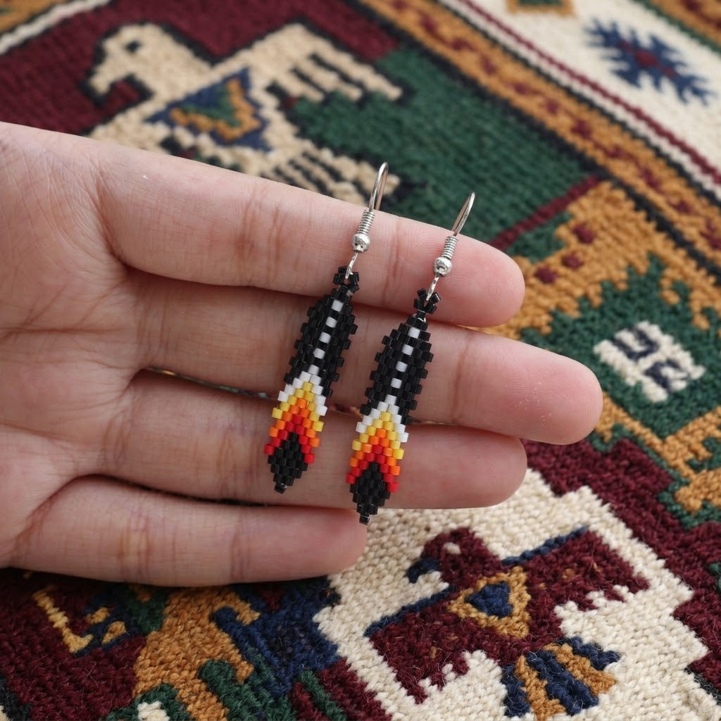 Handmade Beaded Feather, Colorful Seed Bead Dangle Earrings