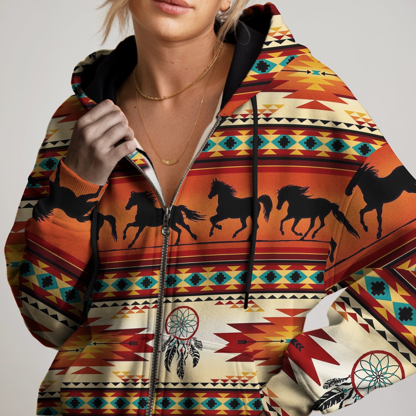 Wild Horse Hoodie – Sunset Tribal Pattern with Dreamcatcher