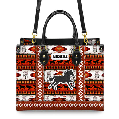 Personalized Leather Handbag for Women - Design Patterns Boho Rustic Orange & White Spirit Horse