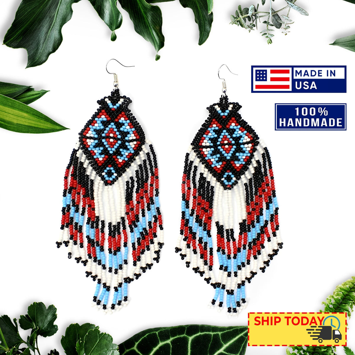 White Red Black Long Beaded Handmade Earrings For Women