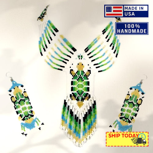 Green Golden White Seed Beaded Turtle Beadwork Necklace Earrings Set