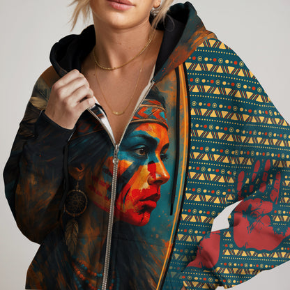 Tribal Feather Hoodie – Bold Red & Geometric Patterns & MMIW