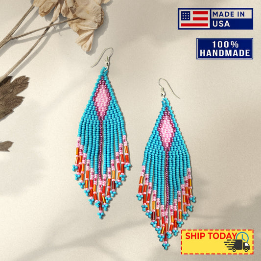 Turquoise Blue Seed Pattern Beaded Handmade Earrings For Women