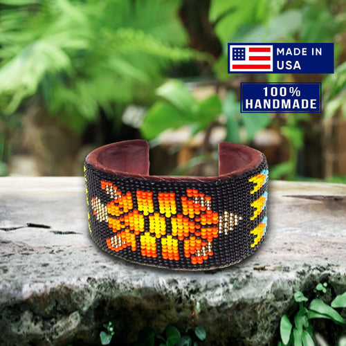 Black Fire Turtle Hard Cuff Wide Beaded Handmade Bracelet