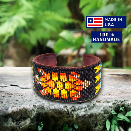 Black Fire Turtle Hard Cuff Wide Beaded Handmade Bracelet