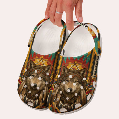 Custom Wolf Dreamcatcher Clogs - Boho Tribal Clogs for Animal Lovers