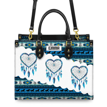 Personalized Leather Handbag for Women - Design Patterns Boho Blue & White Dreamcatcher