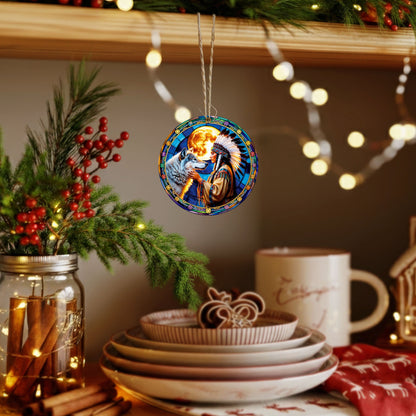 Native American Woman and Wolf Full Moon Christmas Tree Decor Flat Acrylic