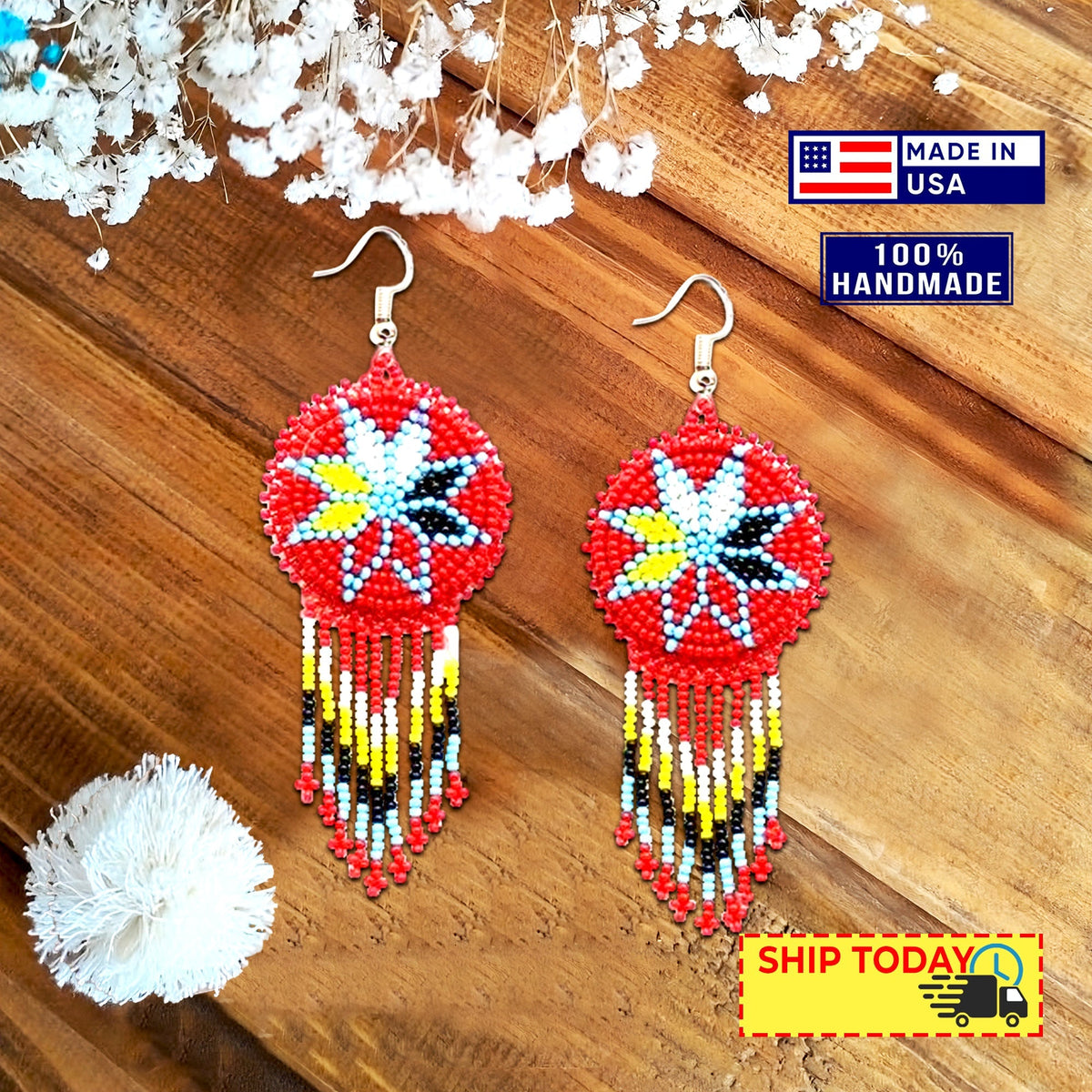 Handmade Beaded Red Medallion 4 Directions Necklace Earrings Set