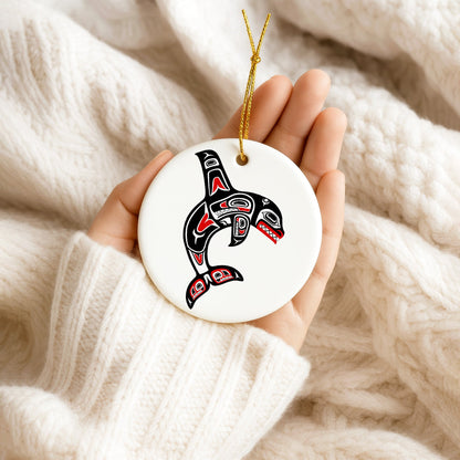 Tribal Orca Whale Ceramic Ornament - Unique Native Art for Holiday Decor
