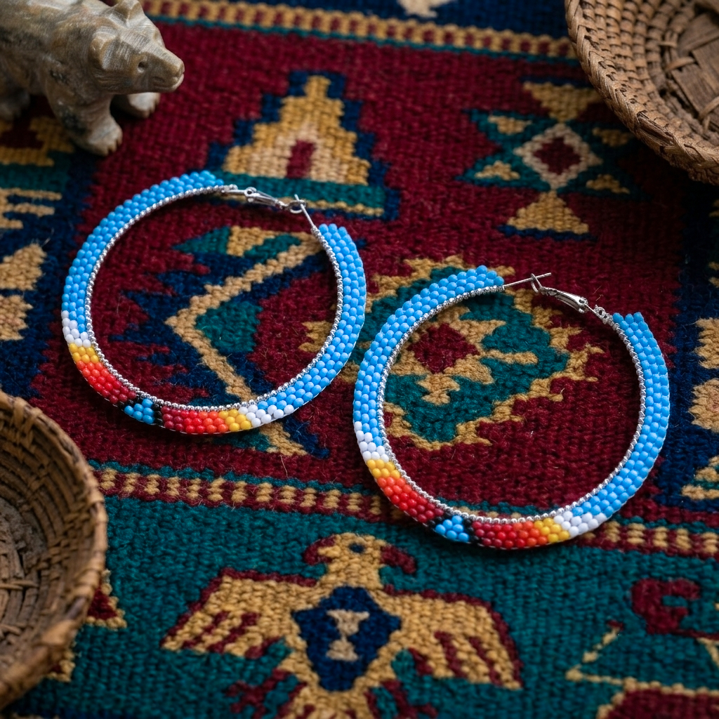 Handmade Beaded Hoop, Colorful Seed Bead Statement Earrings