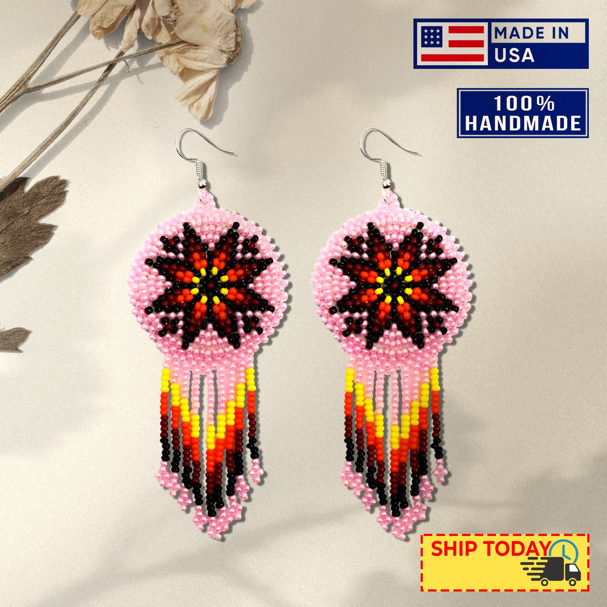 Pink Fire Color Round Beaded Handmade Earrings For Women