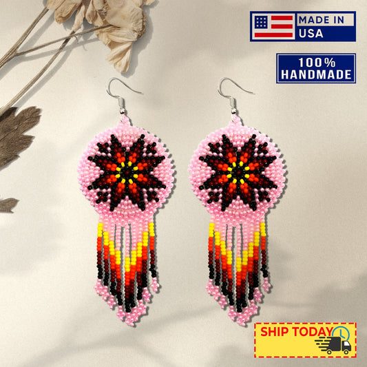 Pink Fire Color Round Beaded Handmade Earrings For Women