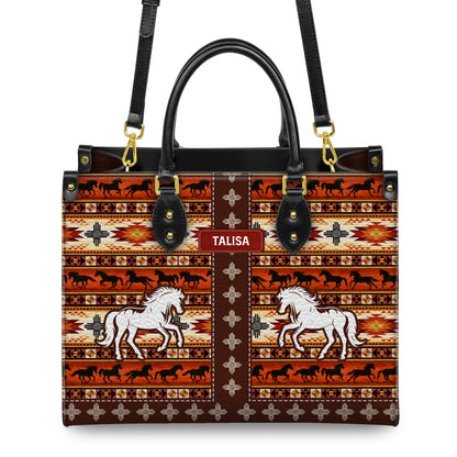 Personalized Leather Handbag for Women - Design Patterns Boho Rustic Orange Spirit Horse