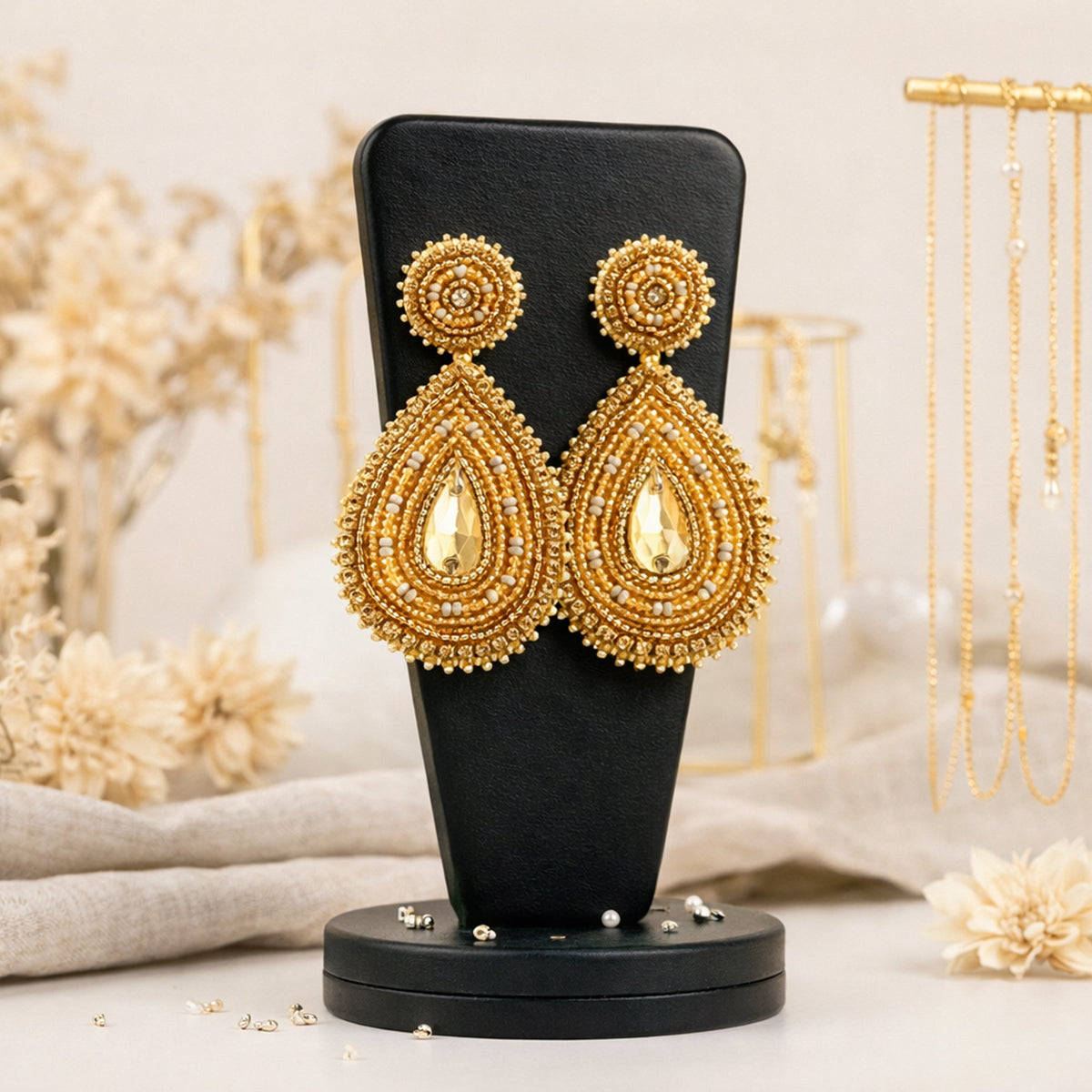 Handmade Beaded Teardrop Shape Post Gold Earrings