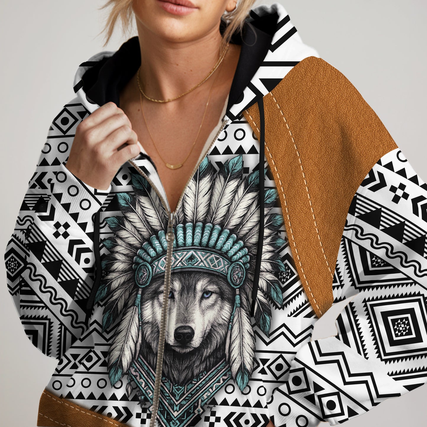 Native Wolf Hoodie – Tribal Pattern & Chief Headdress Design