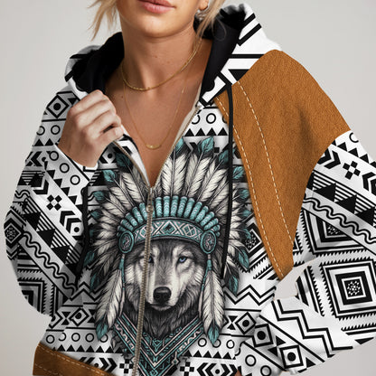 Native Wolf Hoodie – Tribal Pattern & Chief Headdress Design