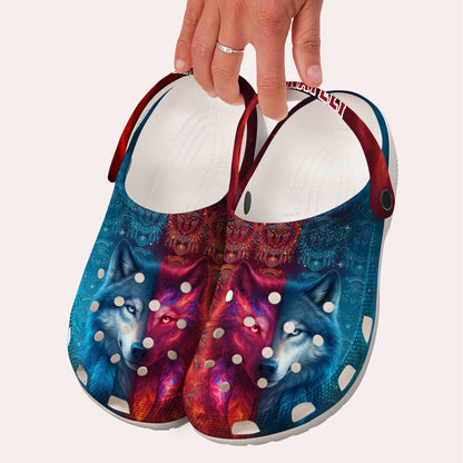 Custom Name Wolf Spirit Clogs – Fire & Ice Contrast | Tribal Design & Gift for Family