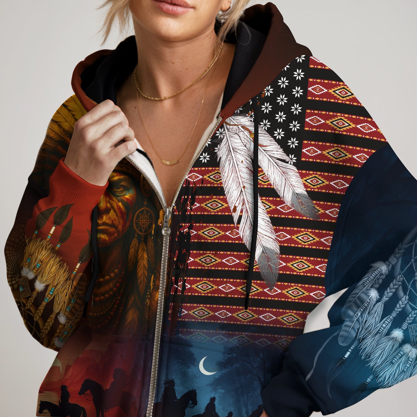 Native 3D Hoodie – Tribal Pattern & Chief Headdress Design