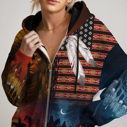 Native 3D Hoodie – Tribal Pattern & Chief Headdress Design