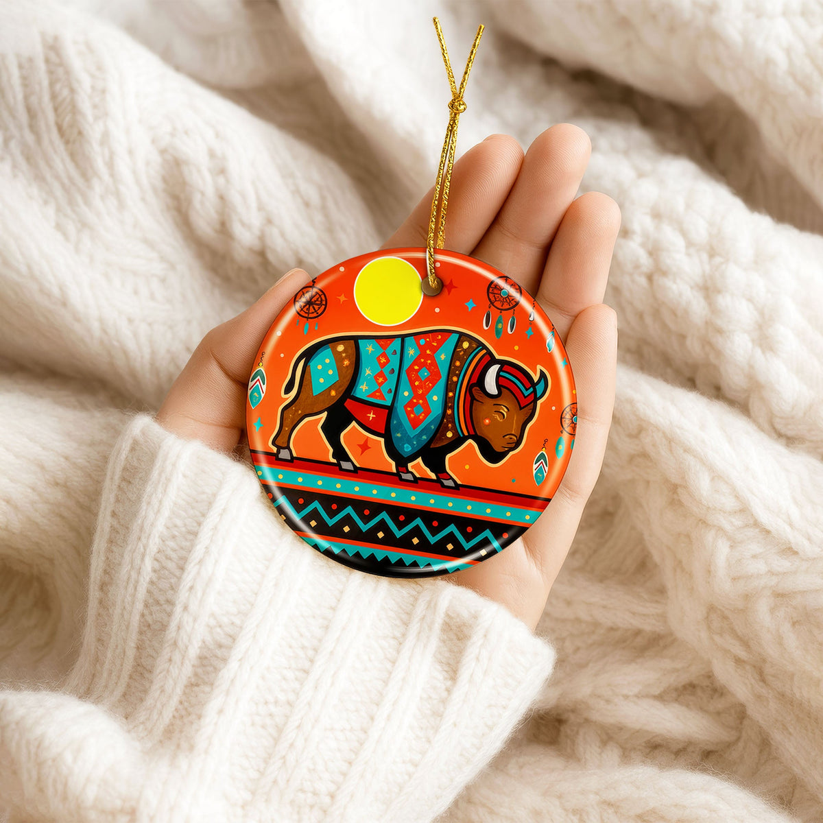 Tribal Bison Ceramic Ornament - Indigenous Inspired for Holiday Decor