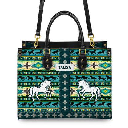 Personalized Leather Handbag for Women - Design Patterns Boho Native Spirit Galloping Horse