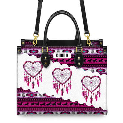Personalized Leather Handbag for Women - Design Patterns Boho Pink & White Dreamcatcher