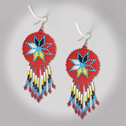 Red 4 Directions Round Fringe Beaded Handmade Earrings For Women