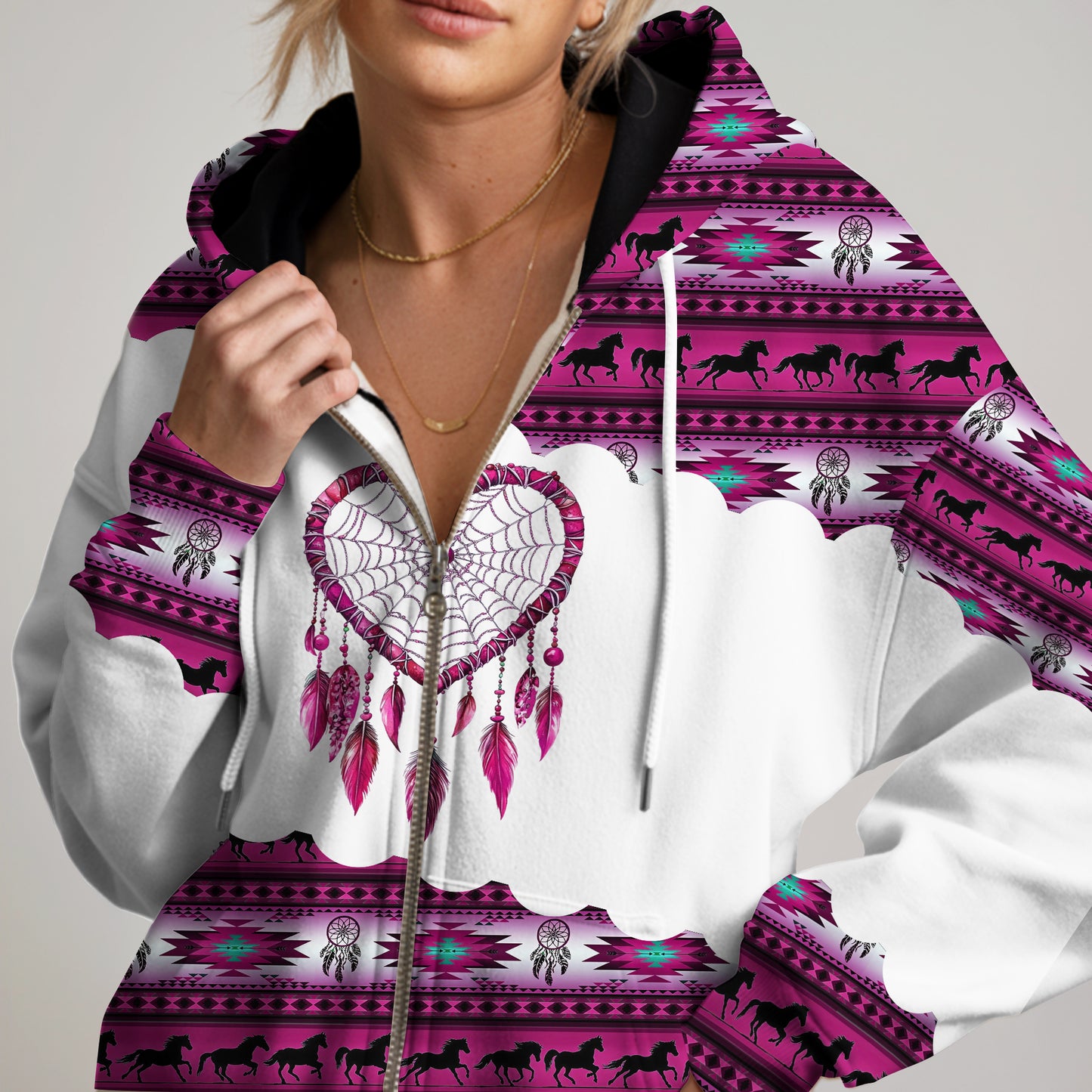 Dreamcatcher Hoodie – Tribal Horse, Feather & Boho Pattern