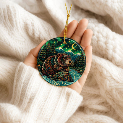 Native Inspired Beaver Ceramic Ornament, Indigenous Style Wildlife Holiday Decor