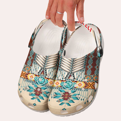 Custom Name Clogs – Rustic Boho Style with Turquoise Stone & Traditional Patterns