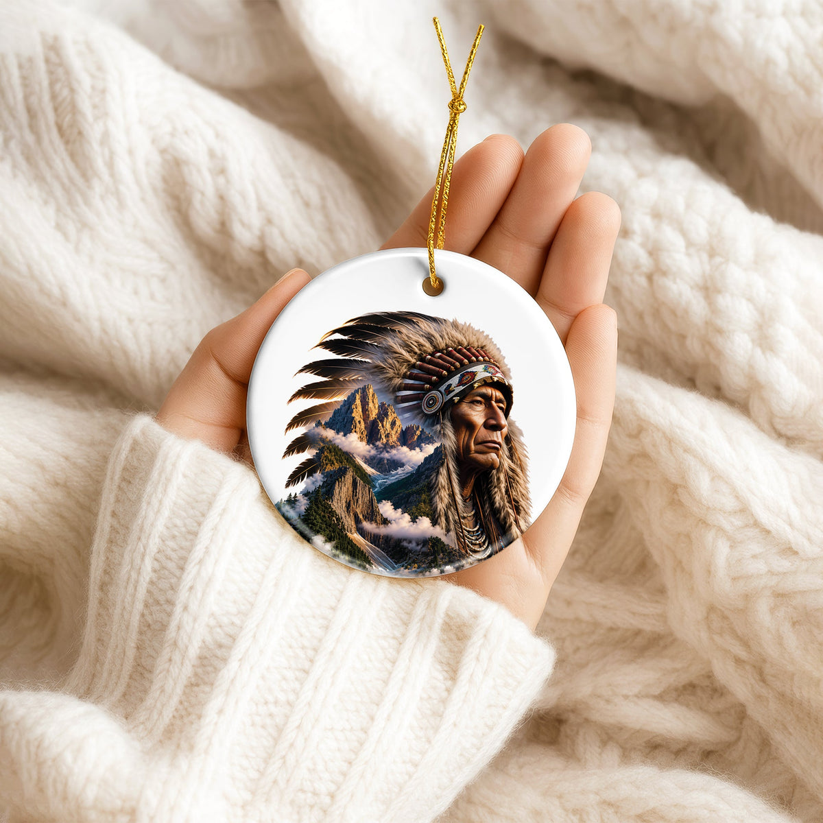 Native American Mountain Warrior Christmas Ornament – Indigenous Spirit Ceramic Holiday Hanging Decor