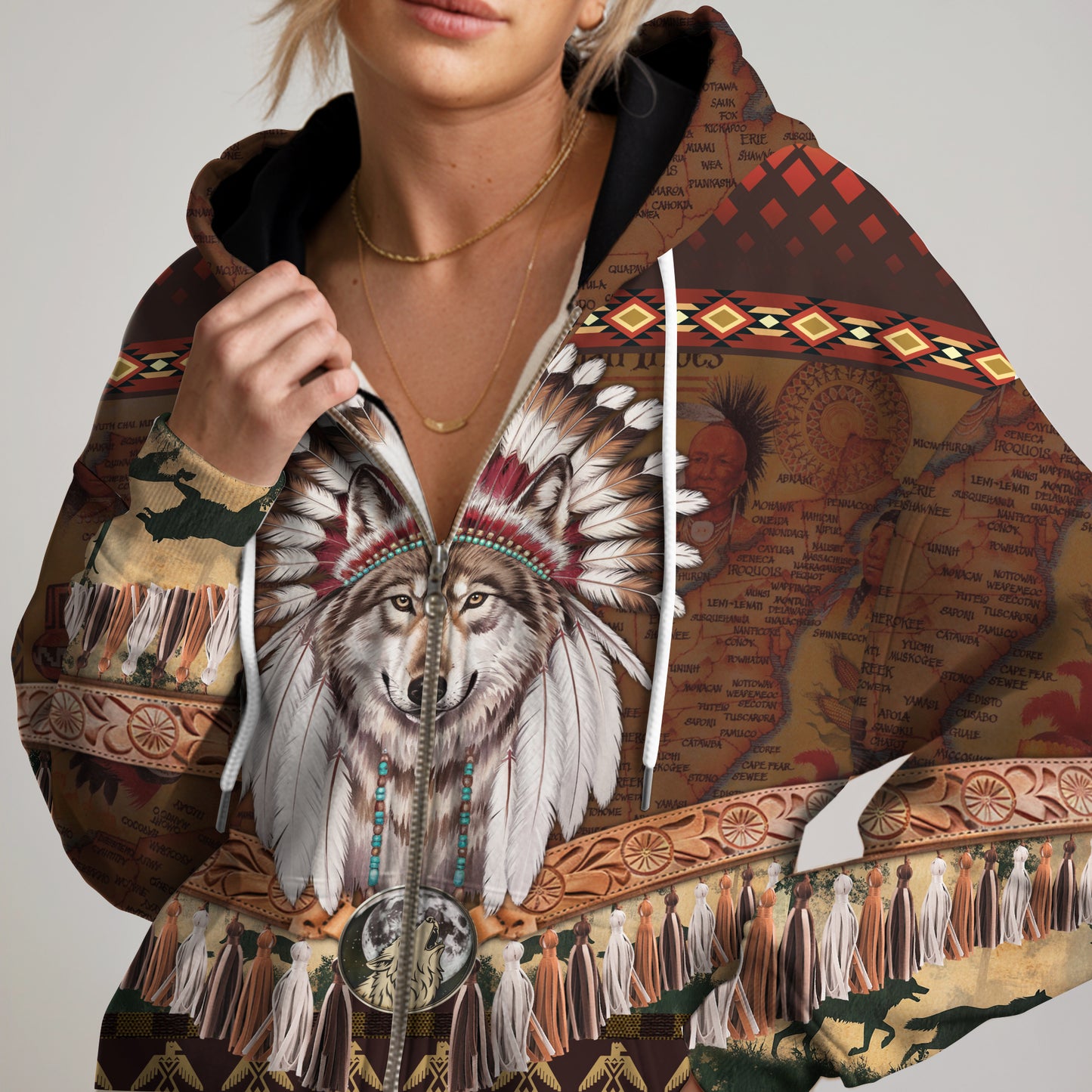 Wolf Chief Hoodie – Tribal Headdress, Feather & Cultural Pattern