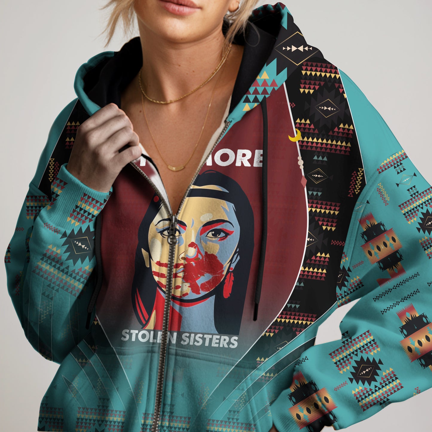 Tribal Feather Hoodie – Bold Red & Geometric Patterns & MMIW