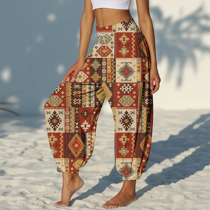 Boho Harem Pants – Beige with Tribal Aztec Print 01