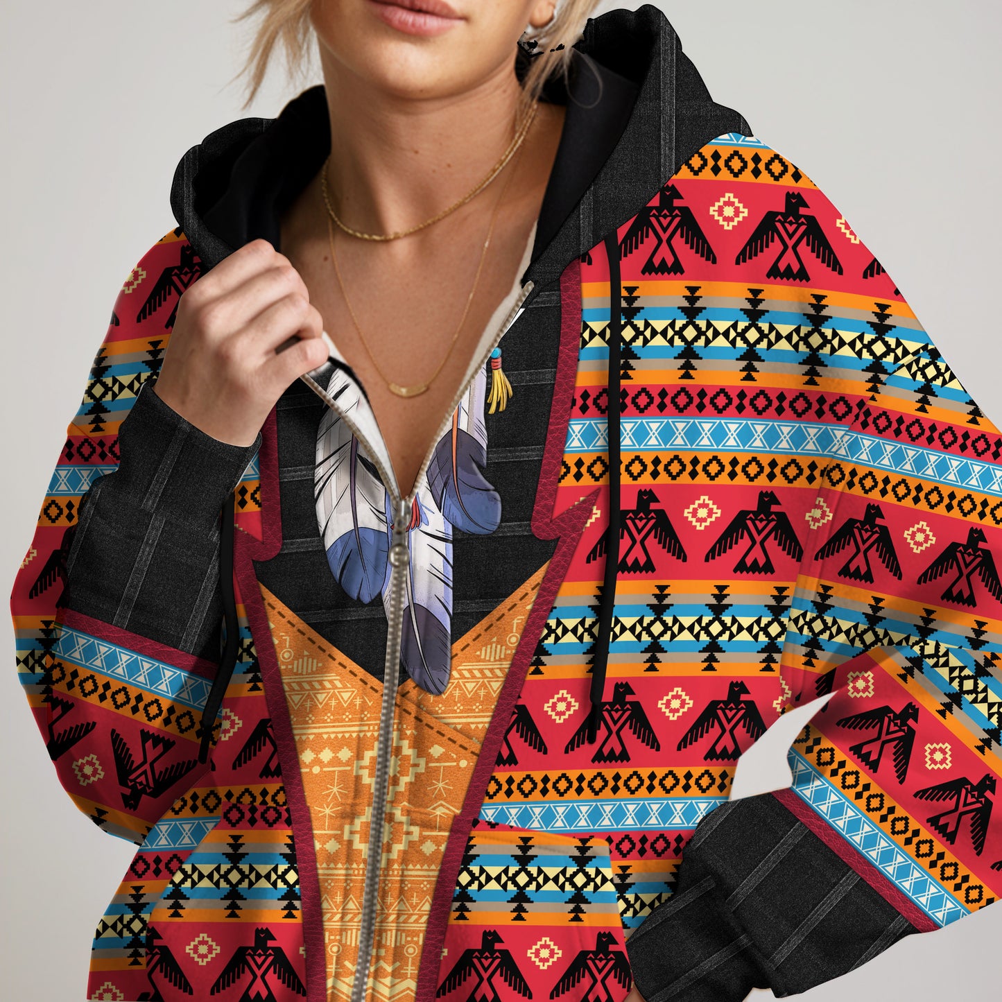 Tribal Feather Hoodie – Bold Red & Geometric Patterns