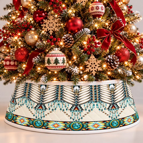 Quilted Christmas Tree Collar - Native American Turquoise Beadwork Tribal Pattern Dreamcatcher Feather Fringe Southwestern Boho Christmas Decor