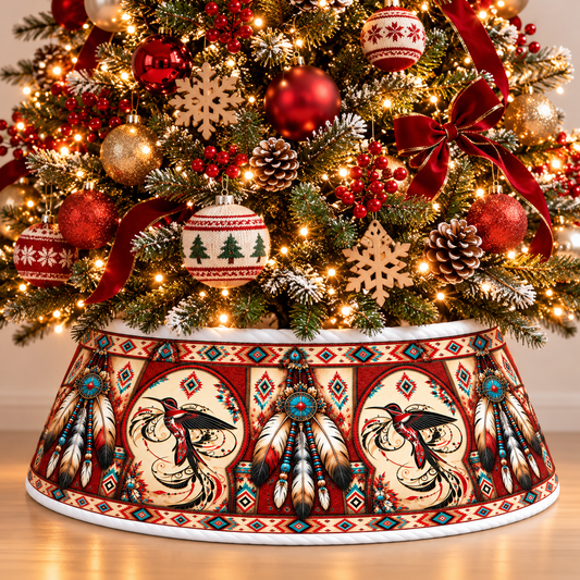 Quilted Christmas Tree Collar - Native American Hummingbird Feather Dreamcatcher Tribal Geometric Pattern Turquoise Southwestern Heritage Christmas Decor